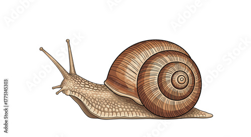 Detailed illustration of a snail featuring its spiral shell, eyes, and textured skin, all rendered with a vintage, engraved aesthetic.