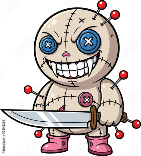 Cartoon voodoo doll character with button eyes, creepy horror mascot holding knife, spooky Halloween design, dark humor vector art, cad drawing flat vector illustration