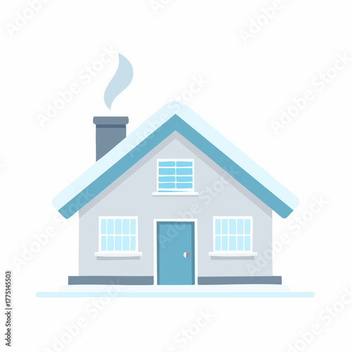 Vector cut illustration of a simple and cozy snow-covered house with a smoking chimney, an isolated element for winter season design