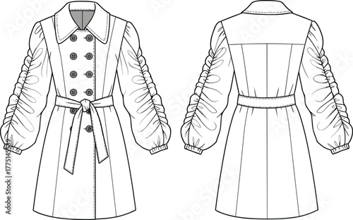 Flat technical sketch of belted trench coat with ruched sleeves, front and back view, CAD fashion drawing vector illustration