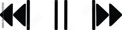 minimalist black vector icons representing common media player controls. The set includes the Rewind (Previous Track), Pause, and Fast Forward (Next Track) symbols. These basic interface elements.