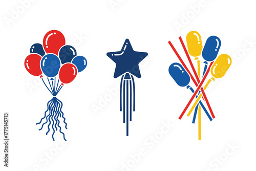 Balloons Collection of patriotic red white and blue  star and streamers for celebration, vector design