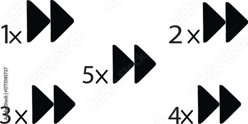 Set of fast-forward icons with playback speed labels (1x–5x). Minimal black symbols ideal for media player UI, video editing, and streaming design interfaces.