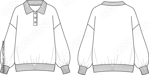 Fashionable long sleeve pullover sweatshirt flat sketch, front and back view, CAD drawing, apparel design, technical illustration, vector template