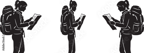 Traveler silhouette set featuring people with backpacks and luggage in walking and talking poses. Perfect black vector design for tourism, adventure, hiking, and travel concepts.