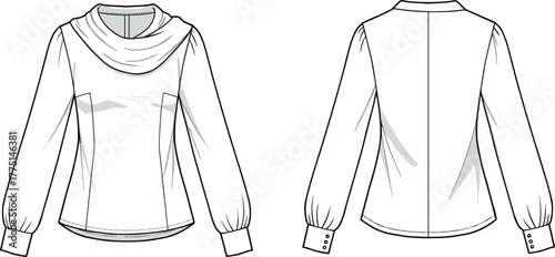 Women’s long sleeve blouse flat sketch front and back view with draped neckline and buttoned cuff detail, cad fashion illustration