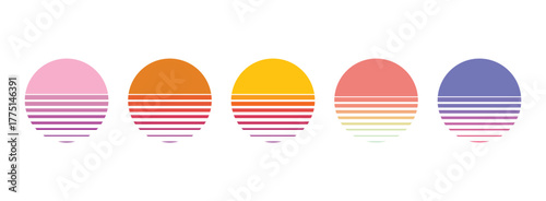 Retro sunset sun and water silhouette. Bright vintage 90s style summer logo or icon isolated on white background. 