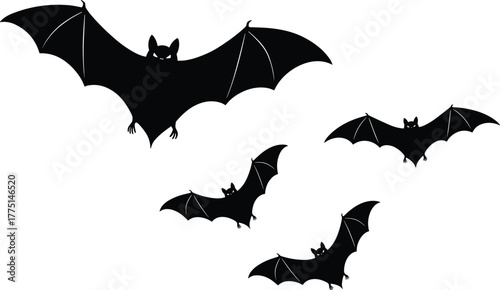 Group of black bats flying in white background, spooky Halloween illustration with dark wings silhouette for horror and decoration design
