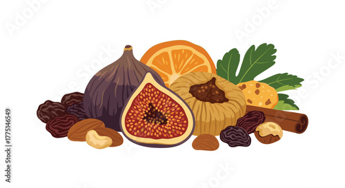 A vibrant collection of figs, almonds, cashews, raisins, an orange slice, and a cinnamon stick, representing healthy snacks and natural ingredients.
