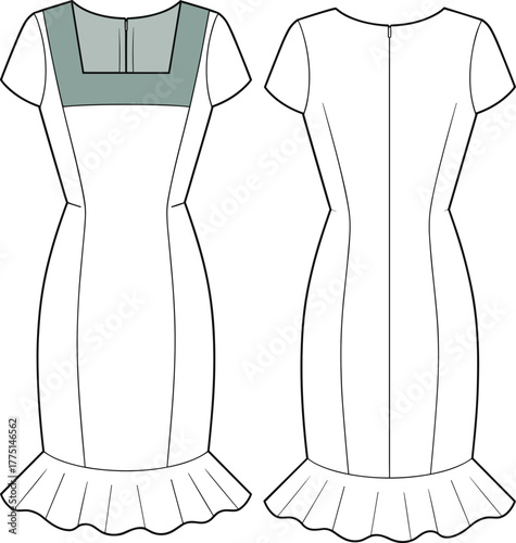 Fashion flat dress technical sketch with pleated hem, mesh yoke detail, cap sleeve, front and back views, CAD drawing illustration
