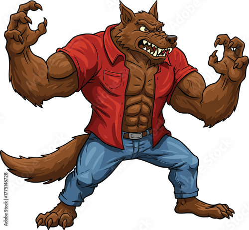 Cartoon werewolf character illustration, muscular monster with claws teeth fierce expression in red shirt jeans, horror fantasy art, cad drawing flat vector illustration