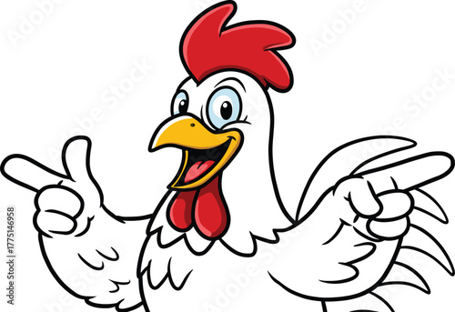 Cartoon white rooster character, cheerful farm chicken mascot, funny poultry bird illustration, animated animal design, vector drawing for branding, children media