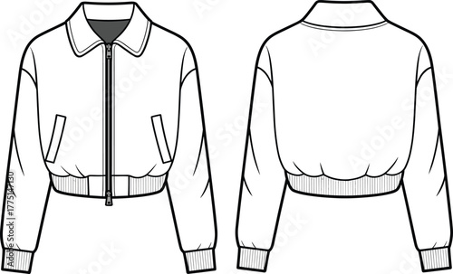 Flat sketch of cropped bomber jacket with front zipper, ribbed hem and cuffs, collar detail, technical CAD drawing vector illustration