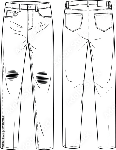Fashion flat sketch of ripped denim jeans, front and back view, cad vector illustration for apparel technical drawing and design template