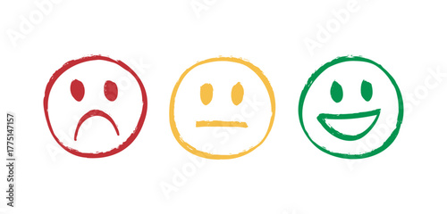 mood set doodle hand drawn faces icon collection. Sad, indifferent and happy emotions. Good, regular and bad rating