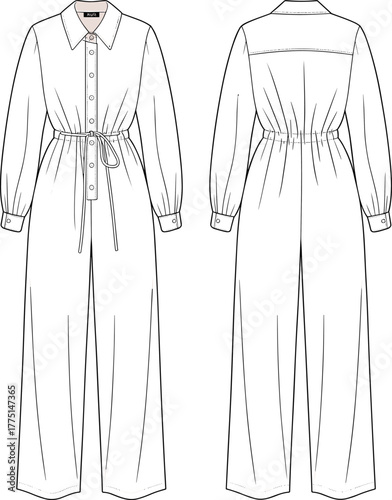 Fashion jumpsuit technical flat sketch, front and back cad drawing, full sleeve one-piece outfit template for women fashion design