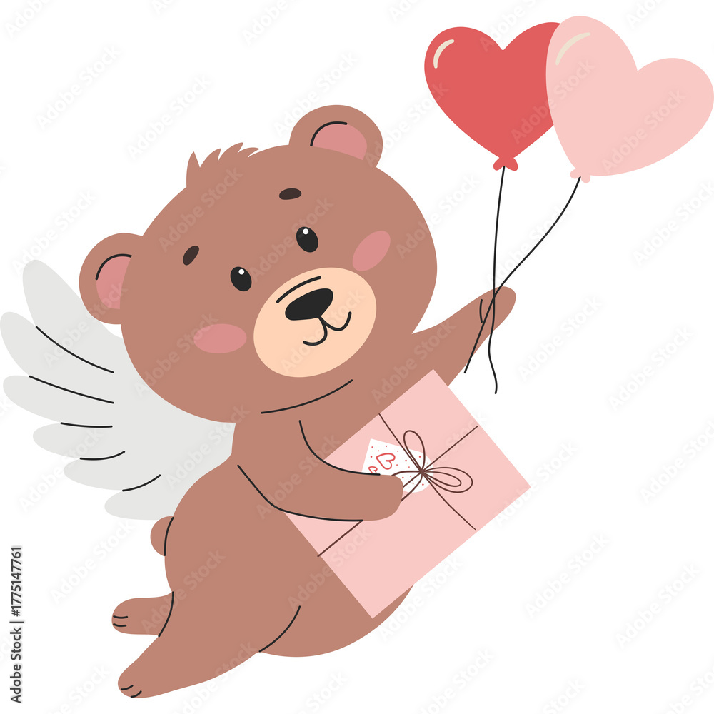 Obraz premium Cute brown teddy bear cupid with white wings holding pink gift box and red pink balloons in the air with transparent background