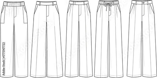 Women's wide leg pants flat sketch, front view collection, various waistband styles, fashion technical drawing, editable CAD vector design
