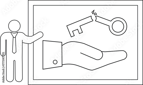 A man gestures to an image of a hand holding a broken key