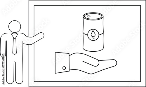A person points to a presentation showing a hand presenting a can of oil