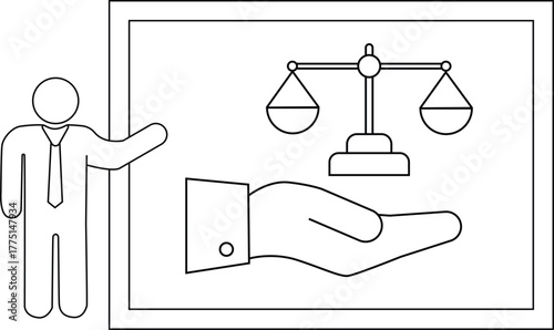 A presentation depicting scales of justice held in a hand next to a presenter