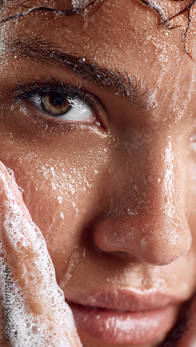Beautiful close-up portrait of a woman with water splashing on face and window. Fresh beauty model showcasing wet skin, hair, and natural spa-like bathroom aesthetic.