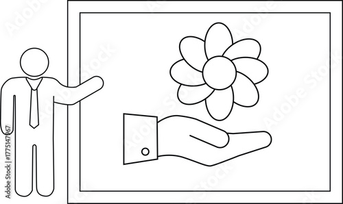 A presentation with a person gesturing towards a drawing of a hand offering a flower