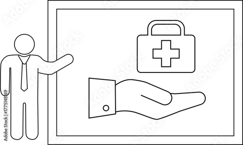 A stick figure presenting a diagram with a medical kit and a hand suggesting healthcare assistance