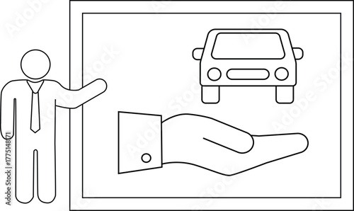 A stick figure presents a car  hand outline drawing framed
