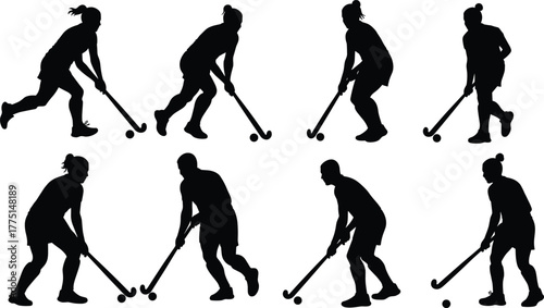 Field hockey player silhouette, stick and ball control, team sport posture, athletic motion outline, male and female athletes, competitive game shadow vector art