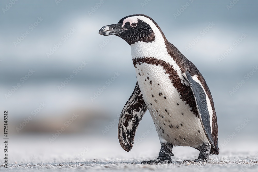 Fototapeta premium A penguin standing upright on a beach with its side profile