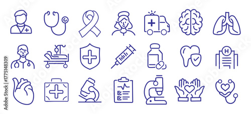 Hospital and medical health care editable stroke outline icons set isolated on white background flat vector illustration. Pixel perfect. 64 x 64.