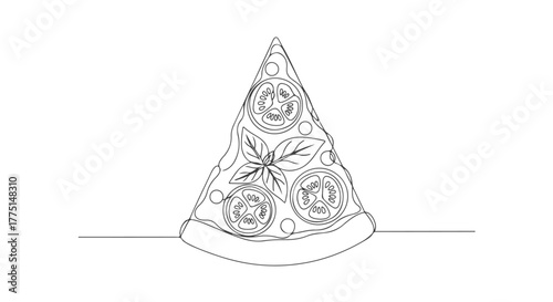 A delectable slice of pizza with fresh toppings, masterfully created using a single continuous one line drawing. Minimalist food sketch e