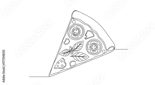 Delicious pizza slice drawn with a creative one-line continuous art style, minimalistic and modern food illustration