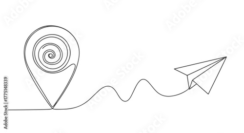 One Continuous Line Navigation Pin and Paper Airplane in Minimalist Style