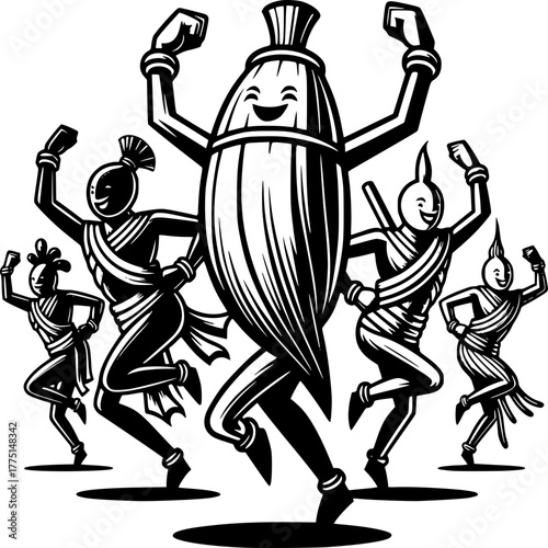 Energetic Dance of Brush: Whimsical illustrations show brush figures celebrating their vibrant dance, filled with rhythmic movement and creative expression. 