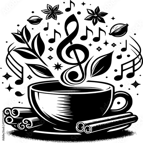 Musical Aroma: A captivating illustration showcases a steaming cup of aromatic beverage, symbolizing a delightful symphony of flavor and sensory delight. 