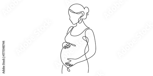 Continuous one line drawing pregnant woman holding belly