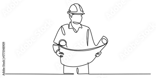 Continuous one line drawing construction worker in hard hat holding blueprint
