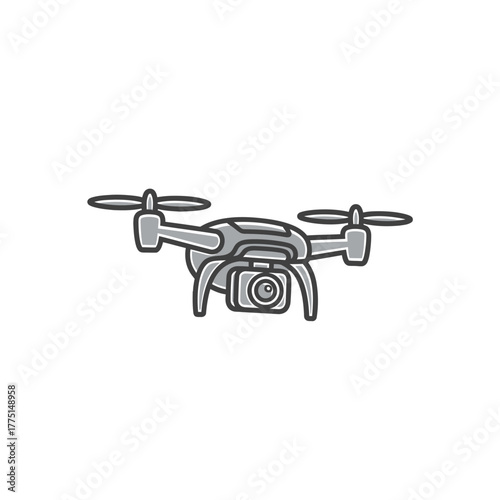 A stylized illustration of a modern quadcopter drone with a camera mounted underneath, depicted against a plain white background.