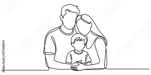 Continuous one line drawing of a family with one child