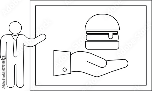 Line art displays burger on a hand presented by a figure in front of a framed display