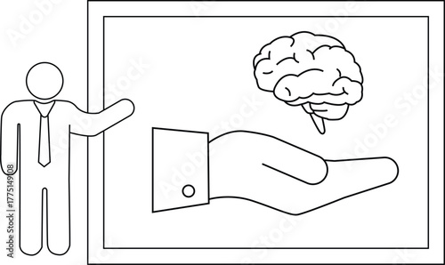 Line drawing figure presenting a brain above an open hand within a bordered frame