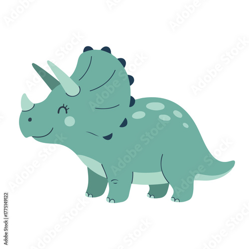 A cute green cartoon triceratops dinosaur smiling happily.
