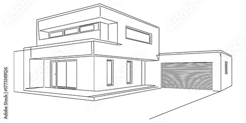 Continuous one line drawing architectural sketch of a modern twostory house with a garage