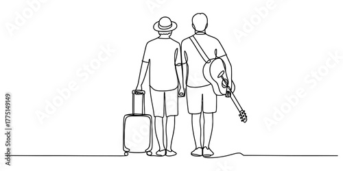 Continuous one line drawing couple with suitcase and guitar walking