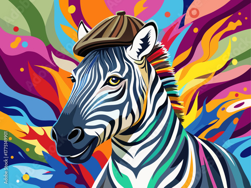 A stylish zebra wearing a beret paints a bright abstract artwork on a large canvas, surrounded by colorful paint splashes, radiating creativity, elegance, and artistic passion