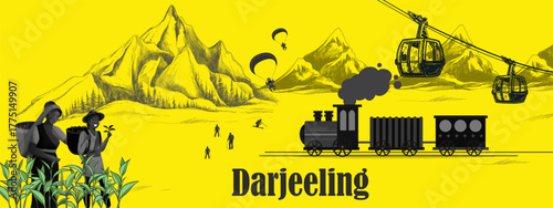 Darjeeling Skyline Sketch with Tiger Hill, Batasia Loop, and Kanchenjunga View – Cultural Travel Art for Tourism Poster and Wall Decor | Darjeeling Heritage Skyline Illustration