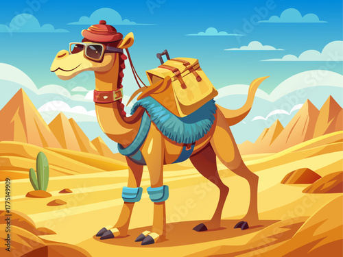 A wise camel wearing sunglasses and a scarf walks across golden dunes, carrying a map and backpack, symbolizing adventure, exploration, and freedom, detailed vector art