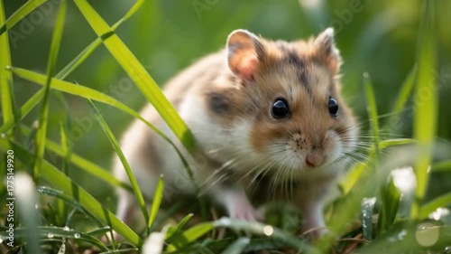 Realistic Cute Hamster Standing on Grass with Natural Sunlight and Soft Green Background